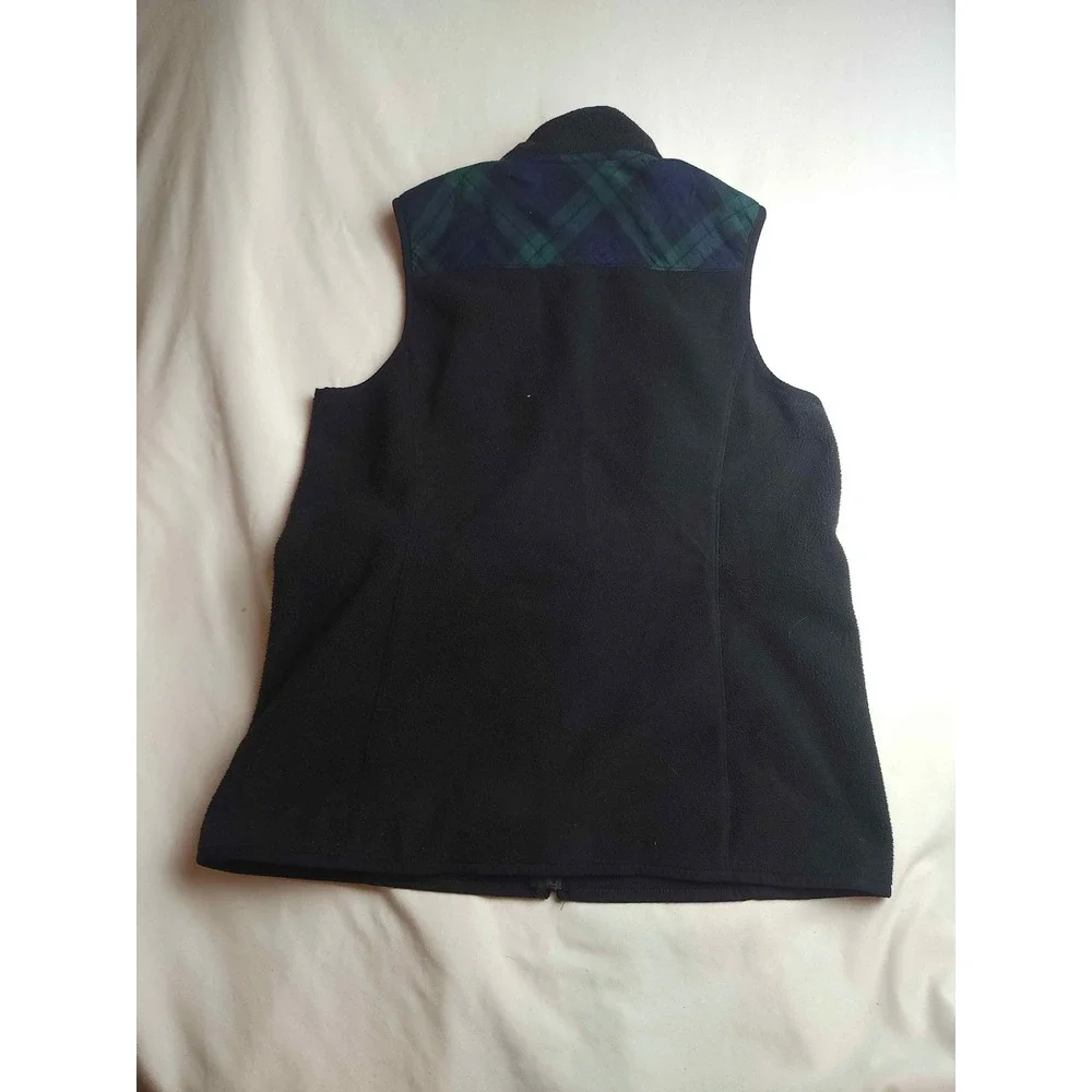 Brooks Brothers Navy Fleece Vest Black Watch Plaid Trim Full Zip Womens Medium